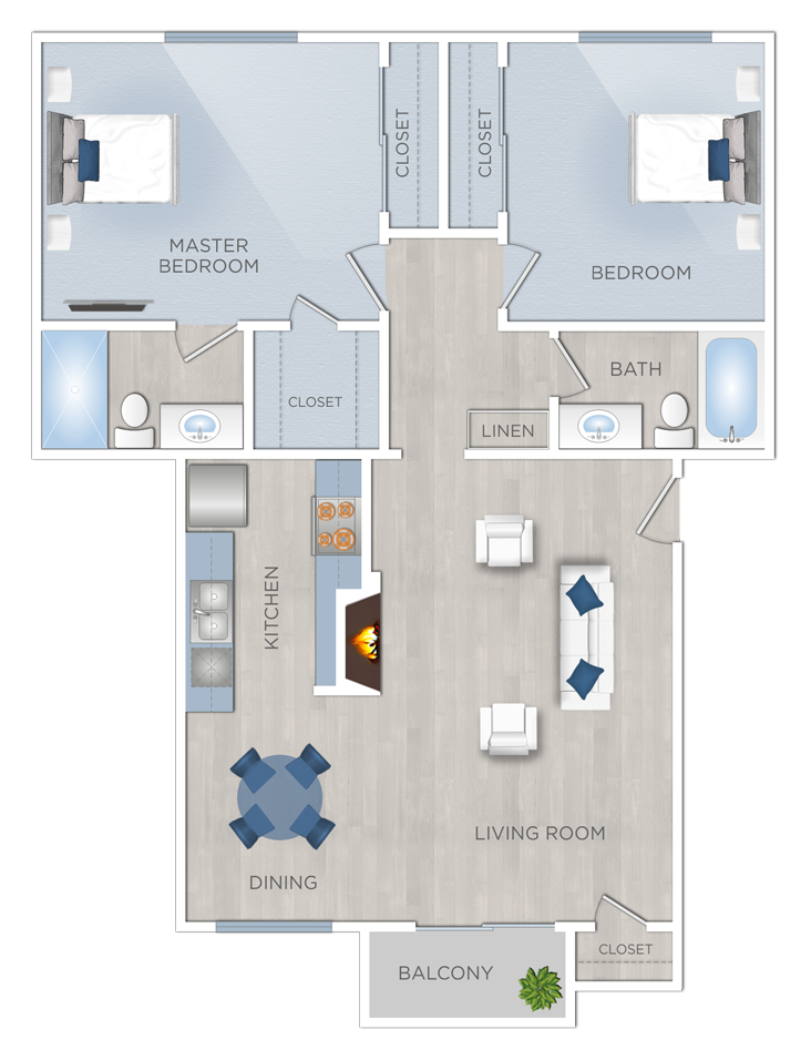 Floor plan for 2 beds, 2 baths, 1056 sqft